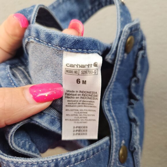 Carhartt Bib-Overall Shorts with Pink Top Girl's Size 6 Month Blue Denim Ruffles - Picture 6 of 7